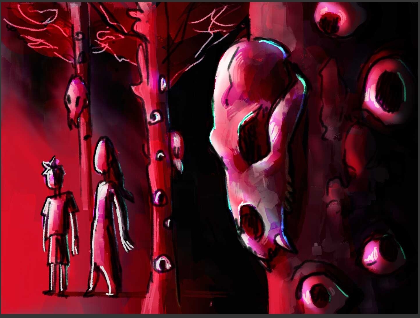 a picture from thesis animatic, two characters bathing in red light while trees are littered with eyeballs and bear skulls