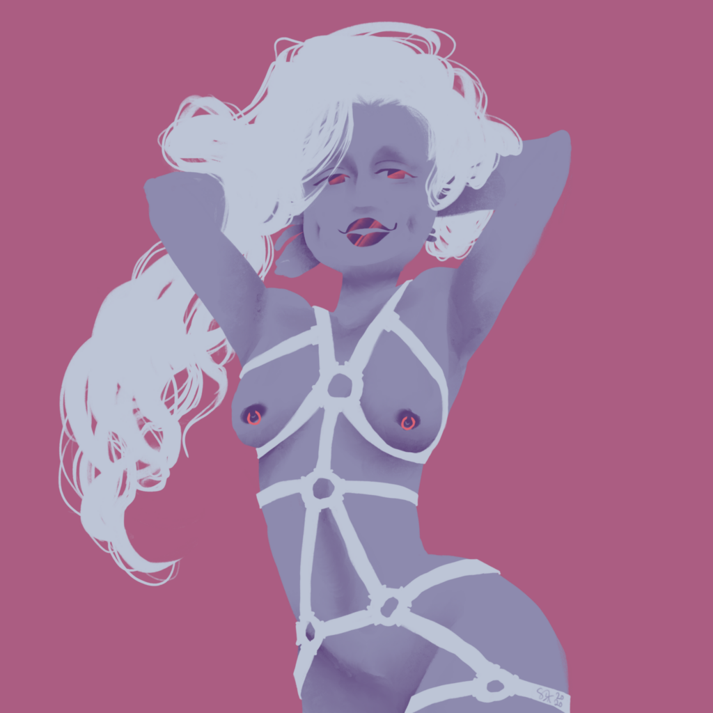 a nude violet woman in white bondage gear