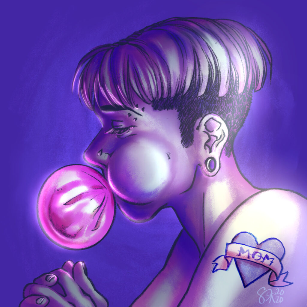 a person blowing a pink bubblegum in violet space, they have a mom tattoo