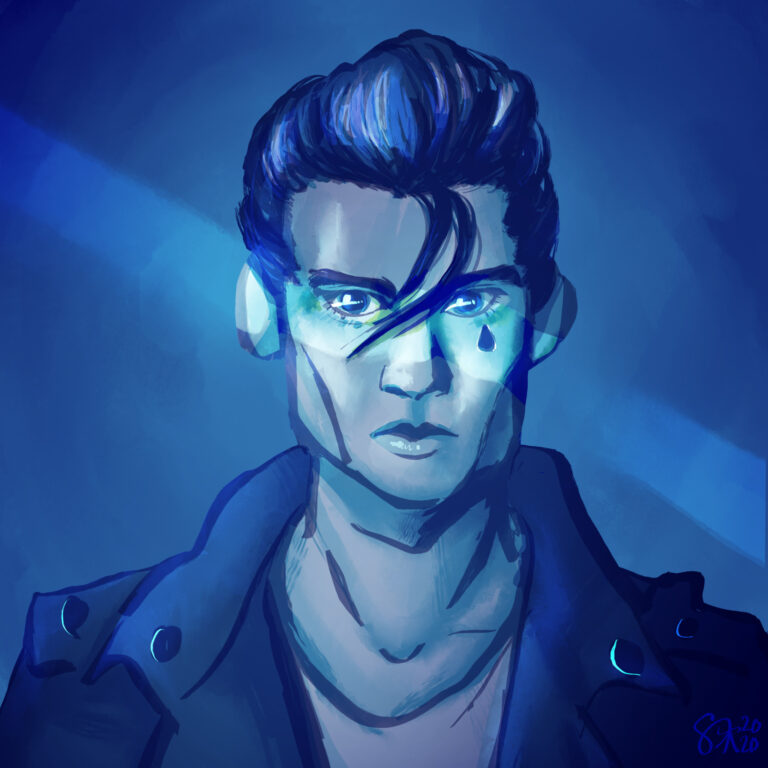 cry baby drawn in blue with dramatic lighting.