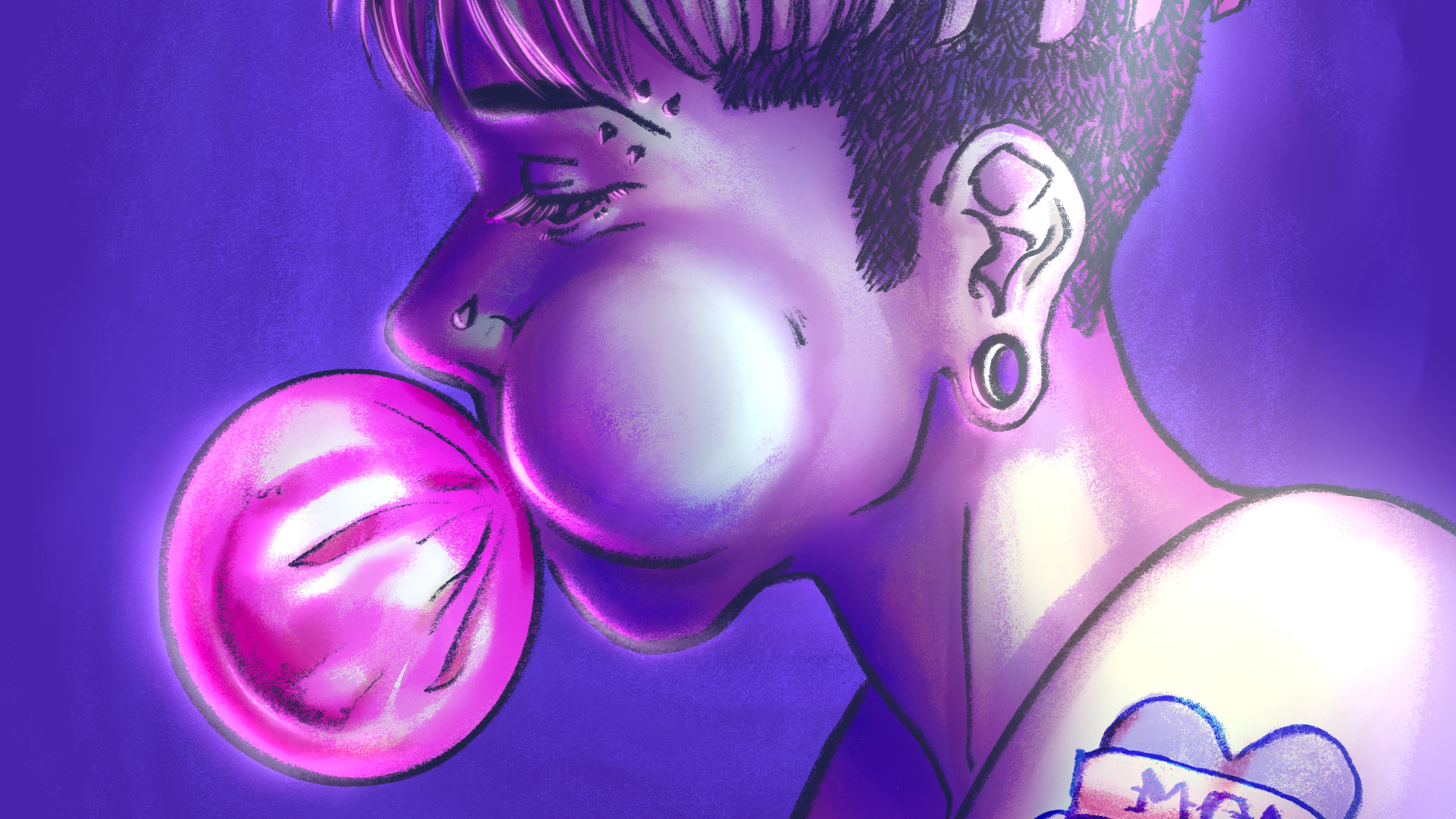 an androgynous person blowing a pink bubblegum